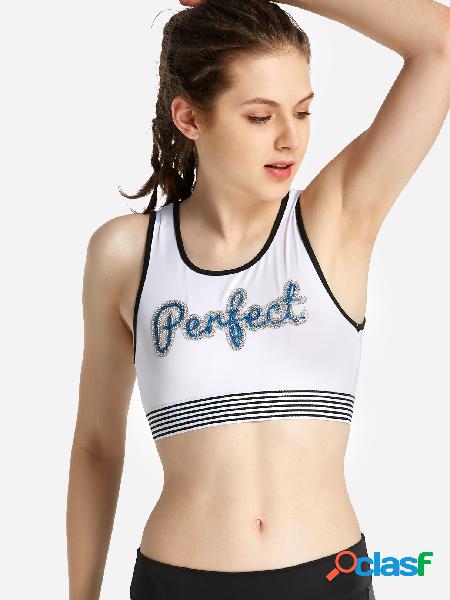 White Letter Print Sleeveless Stripe Trims Crop Top