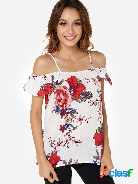 White Random Floral Print Cold Shoulder Cap Sleeves Top