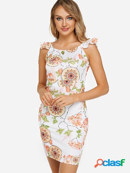 White Random Floral Print Round Neck Sleeveless Midi Dress