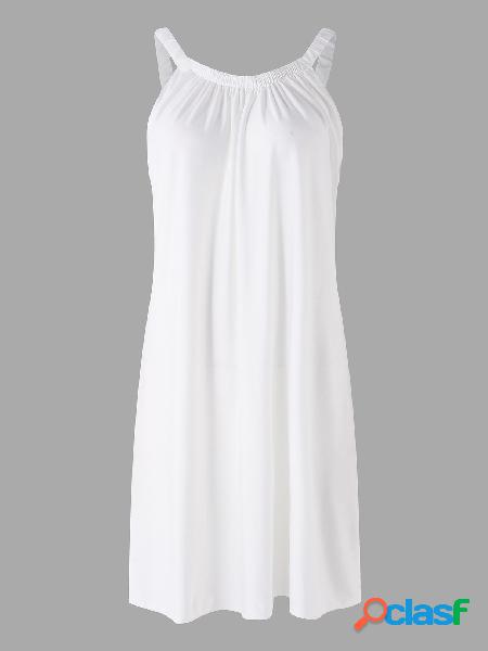 White Spaghetti Plain Round Neck Sleeveless Mini Dress