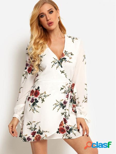 White Wrap Design Random Floral Print V-neck Long Sleeves