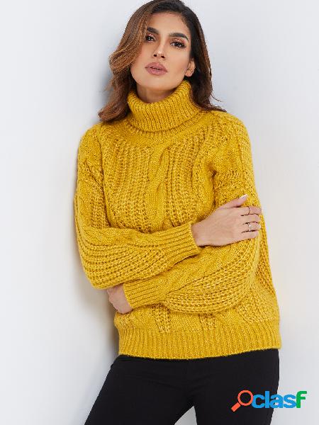 Yellow Plain Roll Neck Long Sleeves Knot Details Sweaters