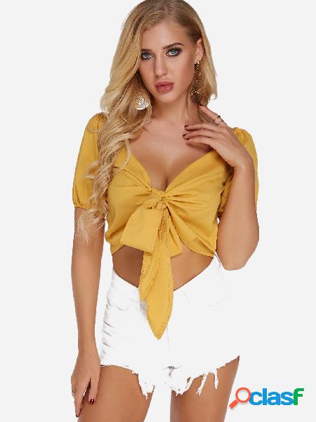 Yellow V-neck Short Sleeves Tie-up Design Crop Top