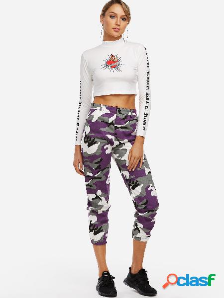Active Camo Pattern High Waisted Sports Pants in Purple