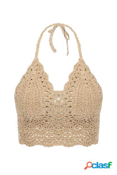 Beige Bralet Top With Crochet Trim