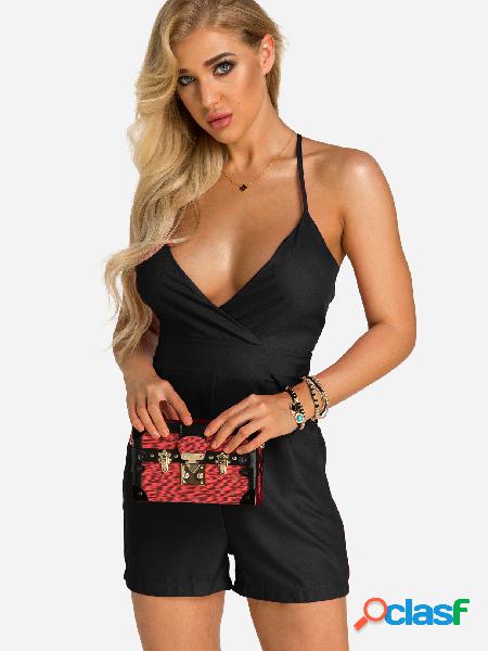 Black Backless V-neck Sleeveless Playsuit