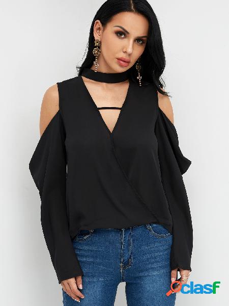 Black Chocker Cross Front Cold Shoulder Blouse