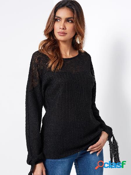 Black Crew Neck Tie-up Long Sleeves Semi Sheer T-shirt