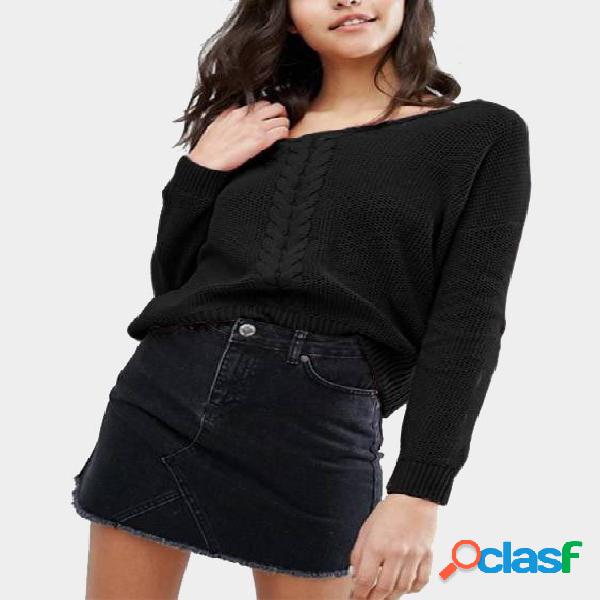 Black Criss-cross Back Design V-neck Long Sleeves Knitted