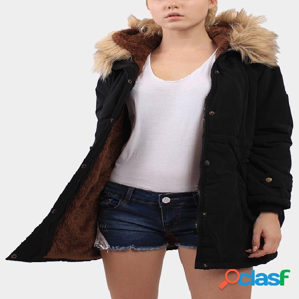 Black Drawstring Waist Thicken Padded Outerwear with Hood