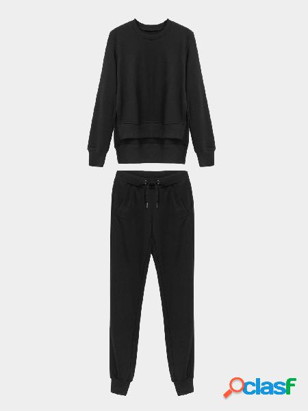 Black Irregular Split Long Sleeves Sport Suit