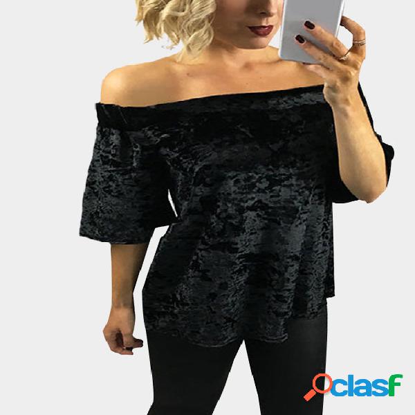 Black Off-the-shoulder Velvet Short Sleeves Top