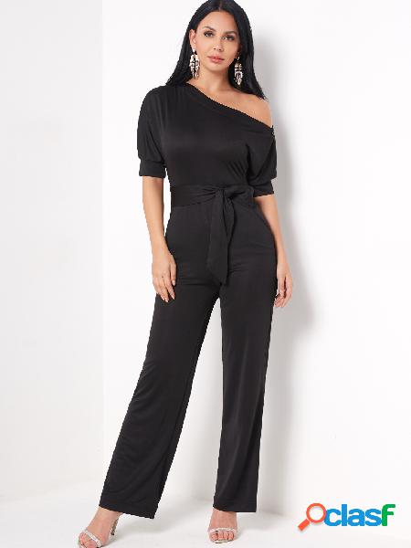 Black Plain One Shoulder Half Sleeves Wide Leg Jumpsuit with