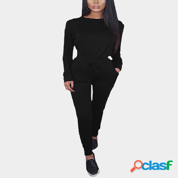 Black Round Neck Drawstring Waist Long Sleeve Co-ords