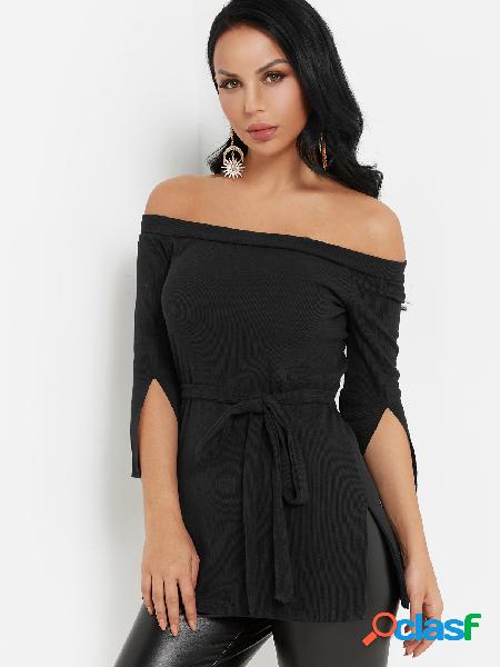 Black Self-tie Design Off The Shoulder Long Sleeves Blouse