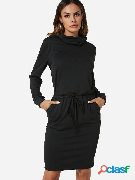 Black Self-tie Design Plain Turtleneck Drawstring Waist