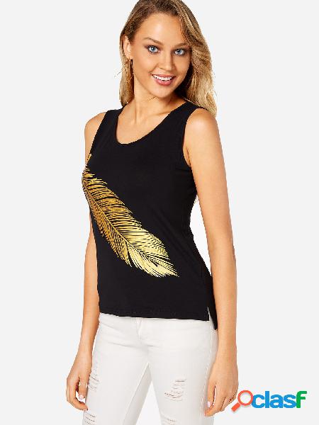 Black Tank Top With Random Leaf Printing