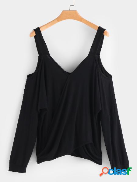 Black V-neck Cross Front Cold Shoulder T-shirt