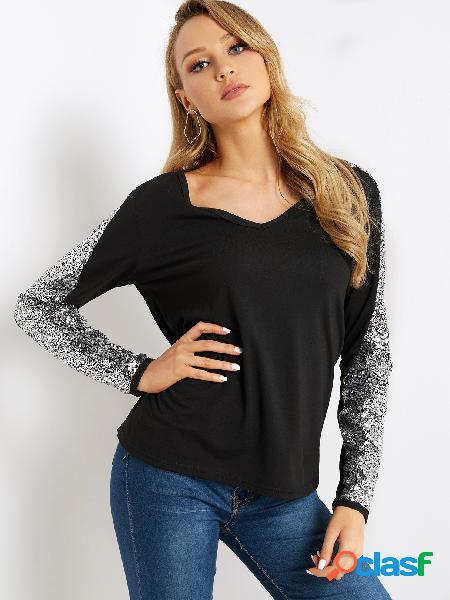 Black V-neck Sequins Embellished Sleeves Top