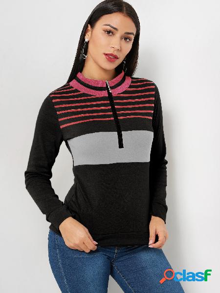 Black Zipper Front Stripe Perkins Collar Long Sleeves