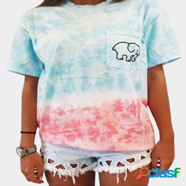 Blue Floral Print Crew Neck Short Sleeves Loose Fit T-shirt