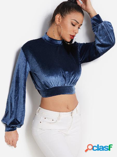 Blue High Neck Lantern Sleeves Crop Sweatshirt