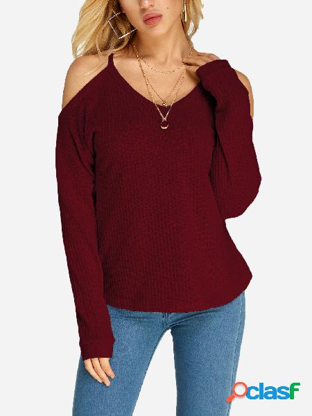 Burgundy Cold Shoulder Long Sleeves T-shirts