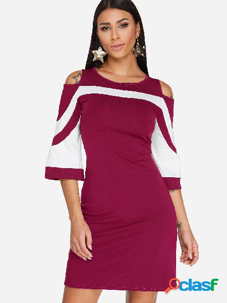 Burgundy Cold Shoulder Stripe Round Neck Flared Sleeves