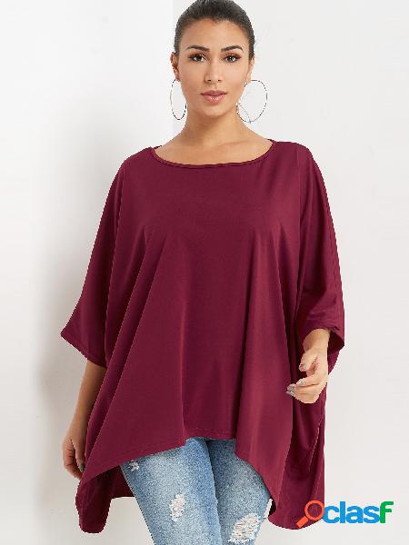 Burgundy Crew Neck Bat Sleeves High-Low Hem Top