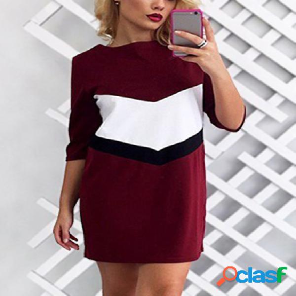 Burgundy Round Neck Half Sleeves Colorblock Shirt Dress