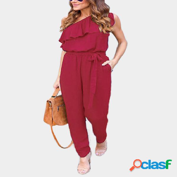 Burgundy Tiered Design One Shoulder Sleeveless Jumpsuits