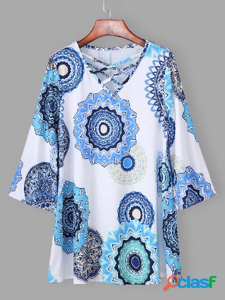 Cerulean Circles Tunic Print Criss-cross V-neck Top