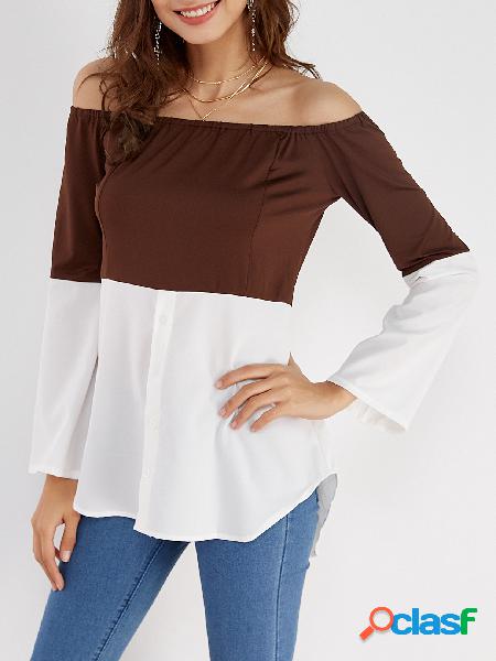 Coffee & White Off Shoulder Long Sleeves T-shirt