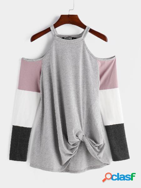 Color Block Cold Shoulder Crossed Front Details T-shirts