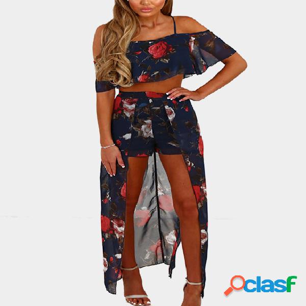 Fashion Random Floral Print Cold Shoulder Playsuit