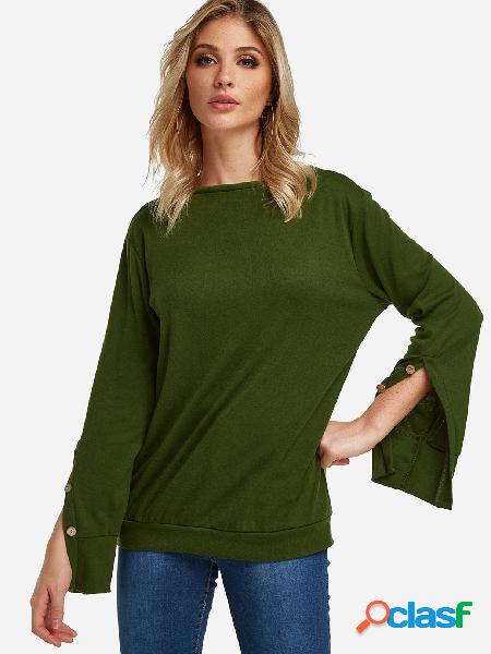 Green Button Design Slit Details Crew Neck Long Sleeves