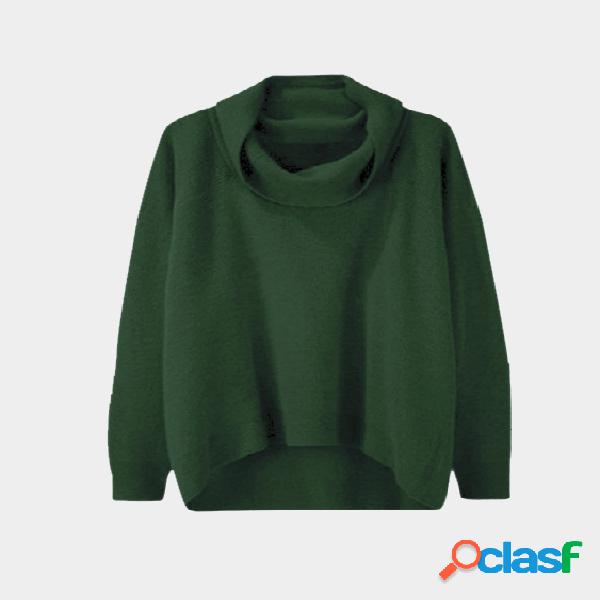 Green Casual Knitted High Neck Curved Hem Sweater