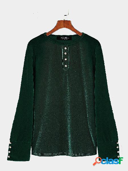 Green Velour Round Neck Buttons Design Top