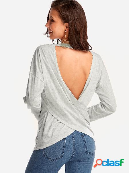 Grey Cross Back Backless Design Plain V-neck Long Sleeves