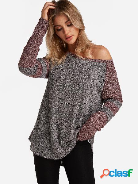 Grey Knitting Design Stripe Round Neck Long Sleeves T-shirts