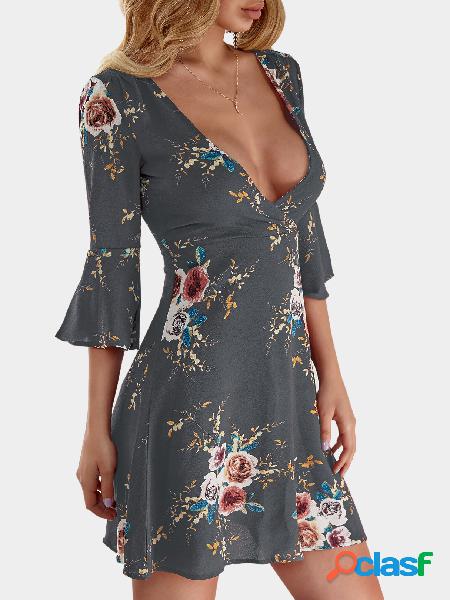 Grey Random Floral Print Crossed Collar Bell Sleeves Dress