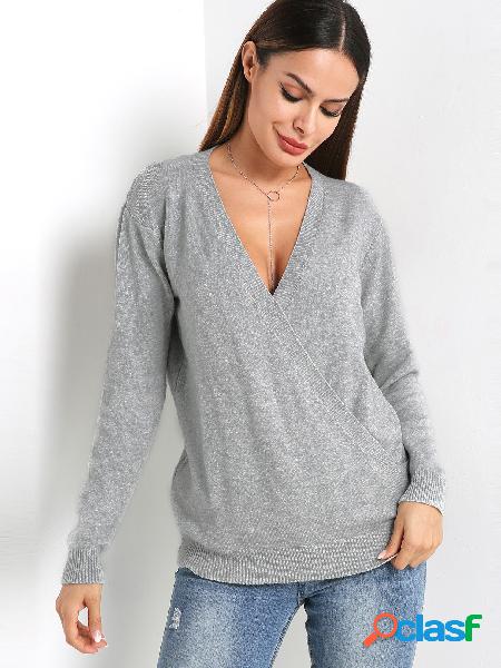 Grey V-neck Cross Front Long Sleeves Sweater