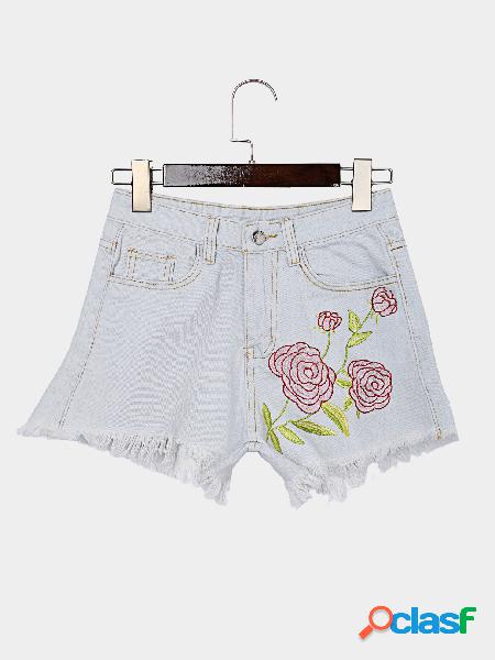Light Blue Random Rose Embroidered High Waist Bodycon Denim