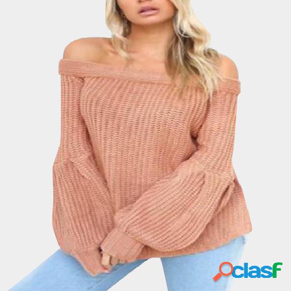 Lotus Pink Off The Shoulder Lantern Long Sleeves Knitted