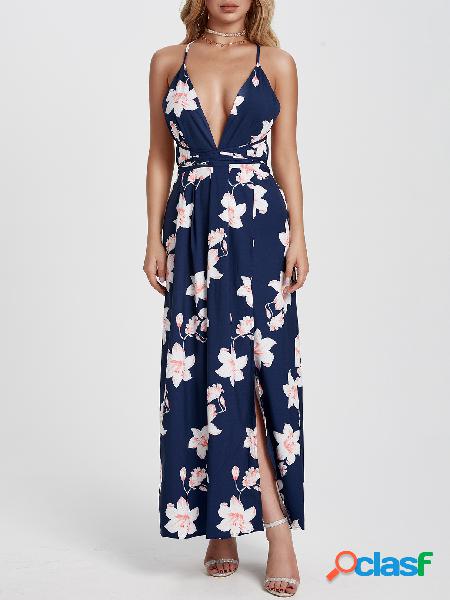 Navy Deep V-neck Backless Random Floral Maxi Dress