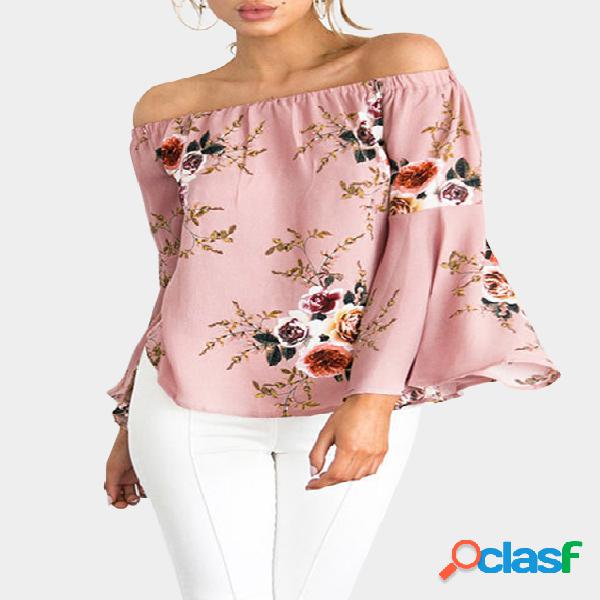 Pink Random Floral Print Off The Shoulder Bell Sleeves