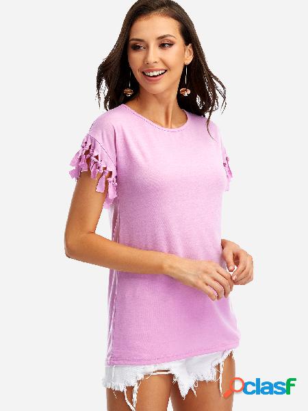 Purple Scoop Neck Tassel Sleeves T-shirt