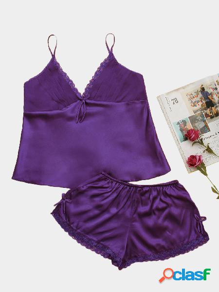 Purple V-neck Bow Knot Detailed Pajama Set
