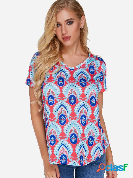 Random Tribal Print V-neck Short Sleeves T-shirt