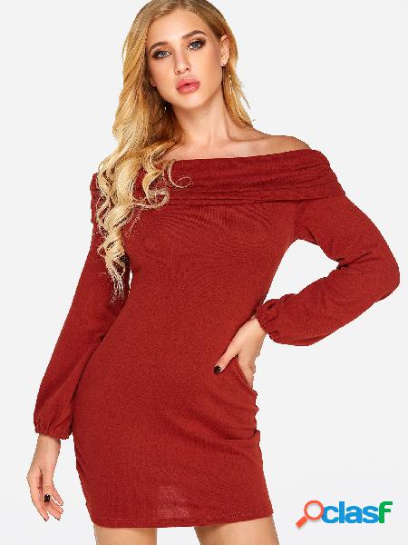 Red Plain Off The Shoulder Fold Over Detail Dresses